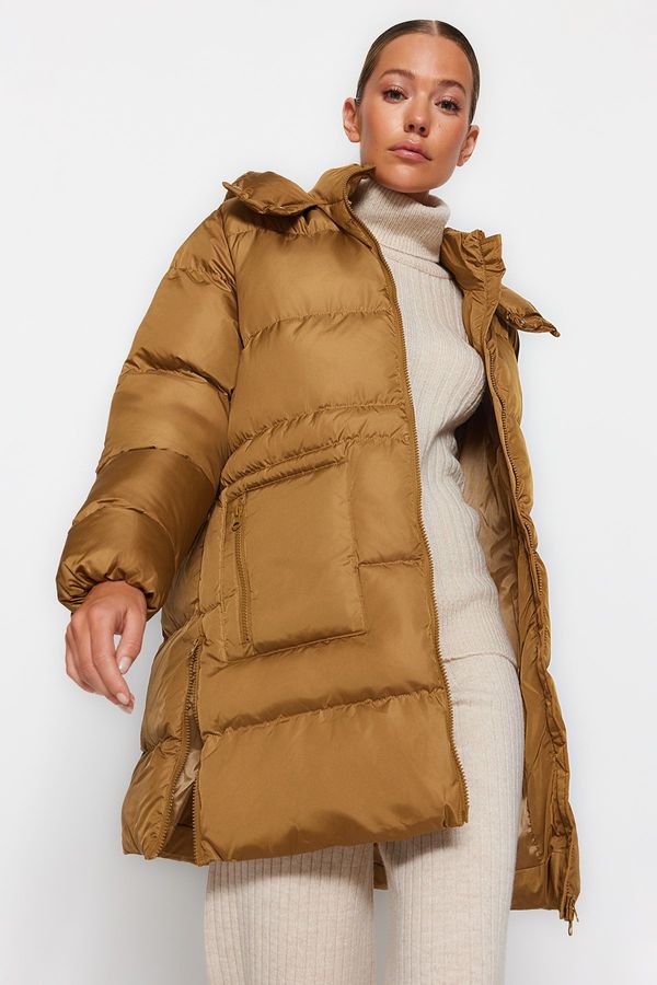 Trendyol Trendyol масло зелено извънгабаритни качулка, водоотблъскващи надуваеми палто