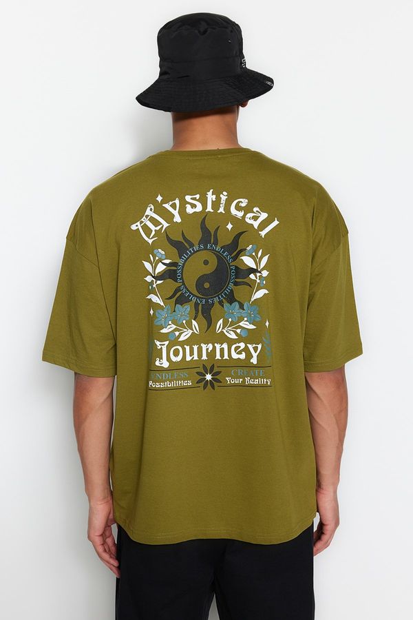 Trendyol Trendyol масло зелено мъжки извънгабаритни/широко нарязани екипажа врата къс ръкав печатни тениска