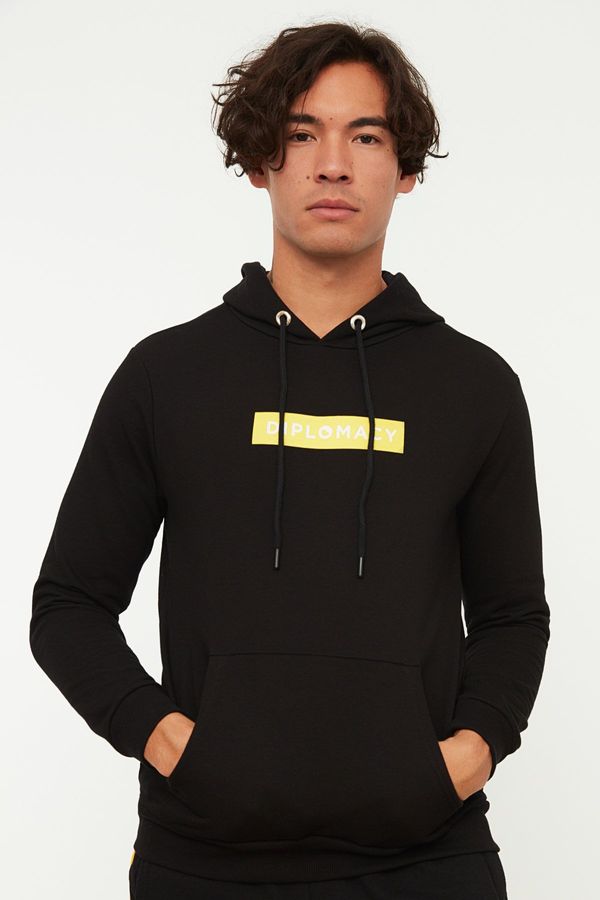 Trendyol Trendyol Men's Black Regular/Real Fit Hooded Printed Cotton Sweatshirt