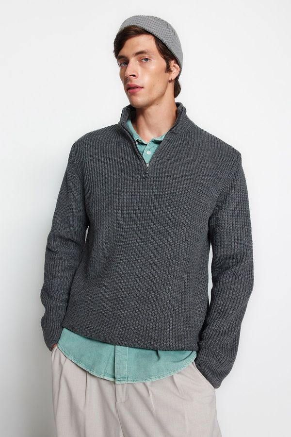 Trendyol Trendyol Men's Dark Gray Regular Fit Half Turtleneck Zippered Sweater