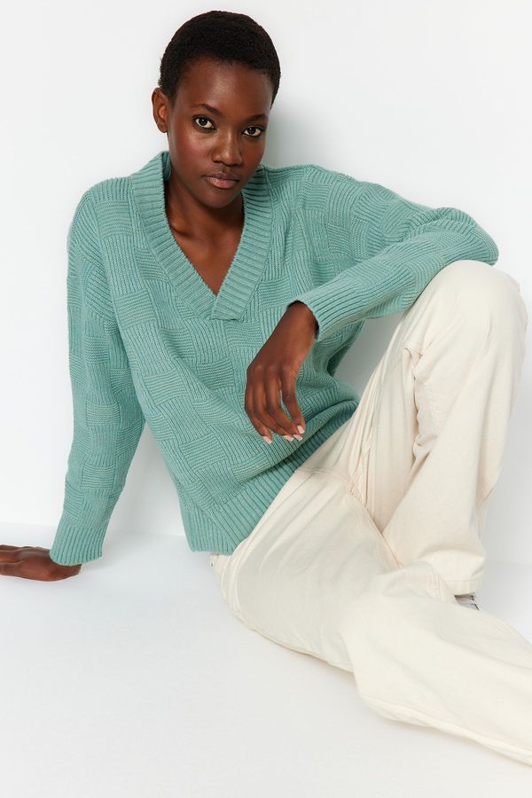 Trendyol Trendyol мента мека текстурирани v-образно деколте трикотаж пуловер