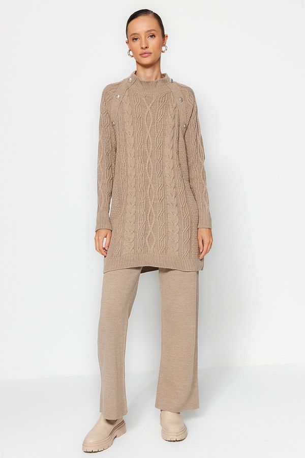 Trendyol Trendyol Mink Button Detailed Hair Knitting Sweater Top-Upper Set