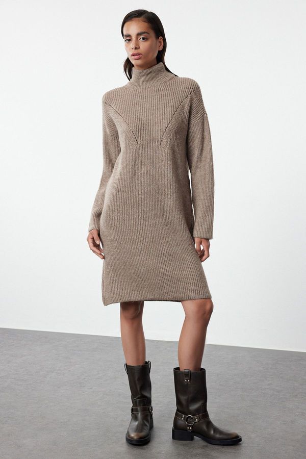 Trendyol Trendyol Mink Mini Knitwear Stand Collar Soft Textured Sweater Dress