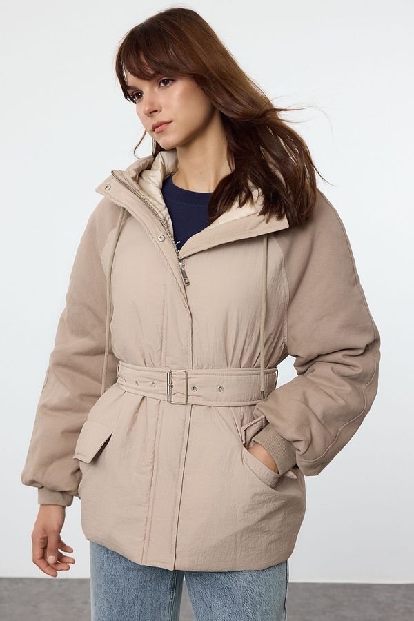 Trendyol Trendyol Mink Oversize Belted Hooded Parka Coat
