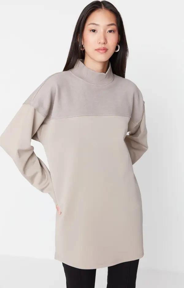 Trendyol Trendyol Mink Oversize Knitted Color Block Sweatshirt Tunic