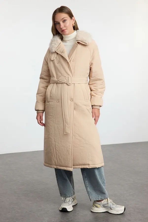 Trendyol Trendyol Mink Oversize Molded Collar Plush Detail Belted Water Repellent Long Parka Puffer Coat
