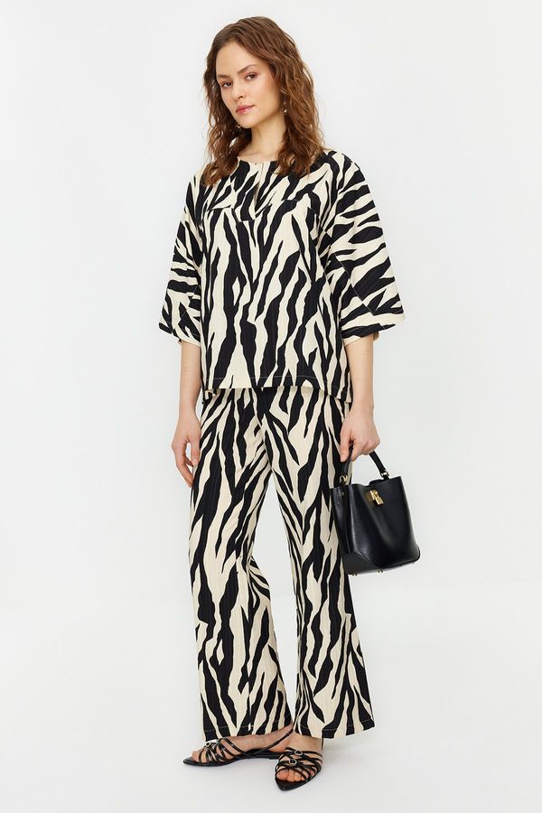 Trendyol Trendyol Mink Three Quarter Sleeve Zebra Patterned Tunic Trousers Woven Bottom Top Set