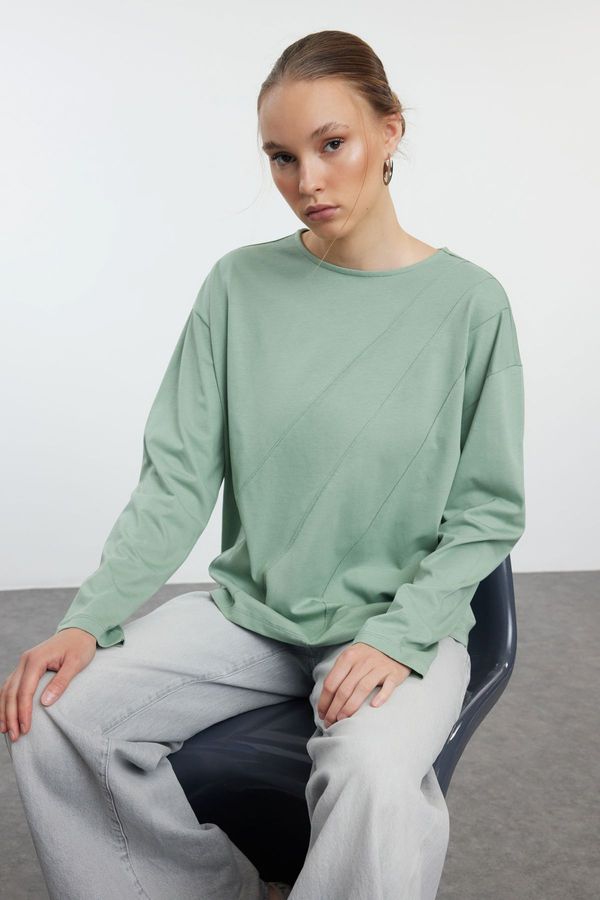 Trendyol Trendyol Mint 100% Cotton Stitching Detailed Relaxed/Comfortable Pattern Knitted T-Shirt