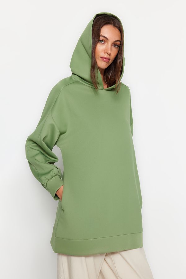 Trendyol Trendyol Mint Hooded Pocket Scuba Knitted Wide Fit Oversize Sweatshirt