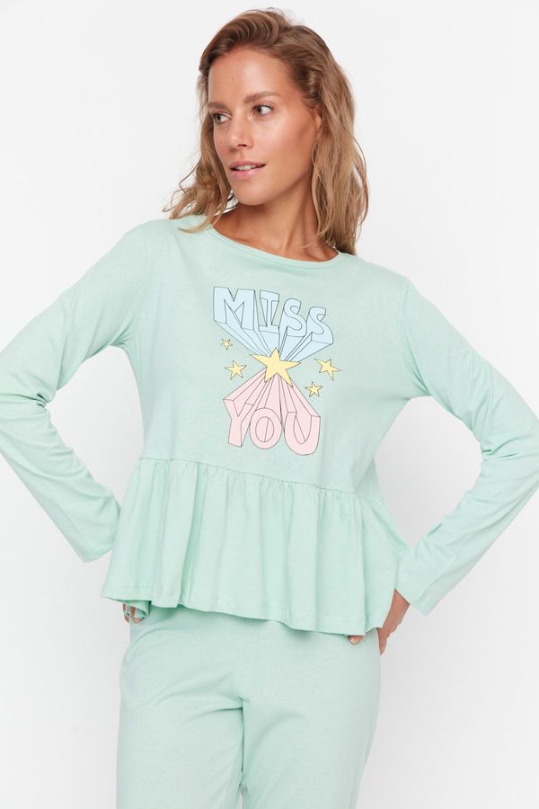 Trendyol Trendyol Mint Ruffle Detailed Knitted Pajamas Set