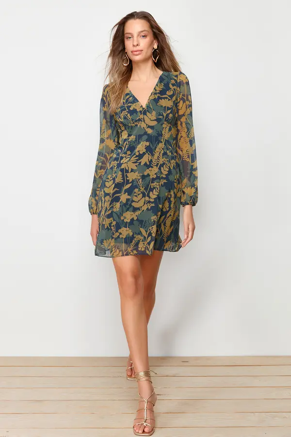 Trendyol Trendyol многоцветен A-Cut шифон тъкани тъкани рокля