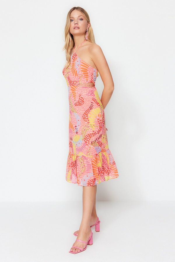 Trendyol Trendyol многоцветен A-Line Midi тъкани облицовани оглавник врата шарени тъкани рокля