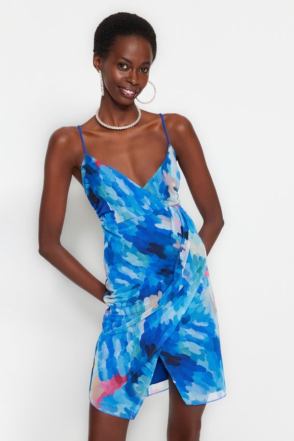 Trendyol Trendyol многоцветен двуреден тръбопроводи облицовани тюл отпечатани елегантна вечерна рокля