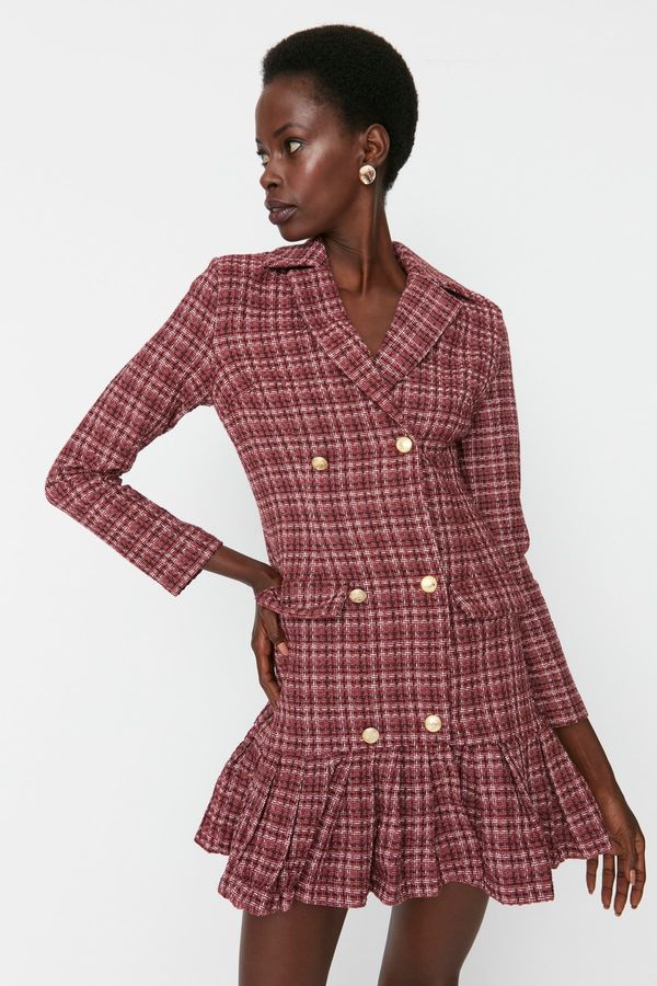 Trendyol Trendyol многоцветен Flounce бутон подробни туид тъкани рокля