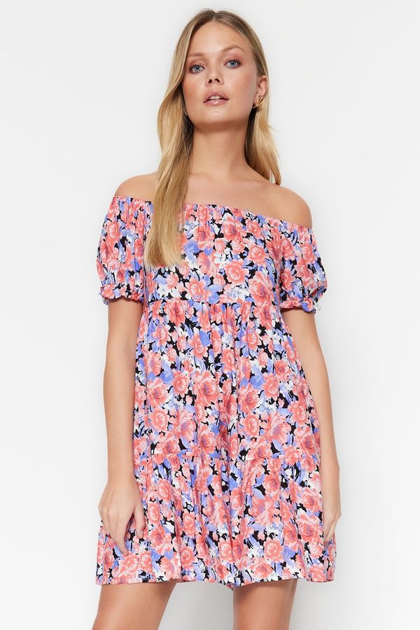Trendyol Trendyol многоцветен талията отваряне тъкани Кармен яка флорални мини тъкани рокля