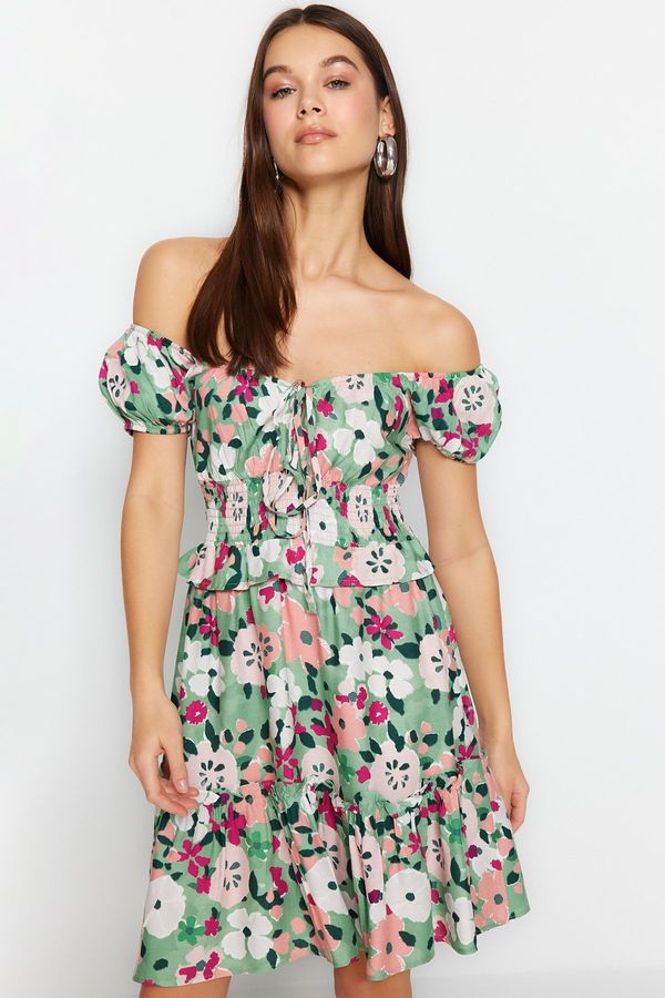 Trendyol Trendyol многоцветен талията отворен мини тъкани цветен модел тъкани рокля