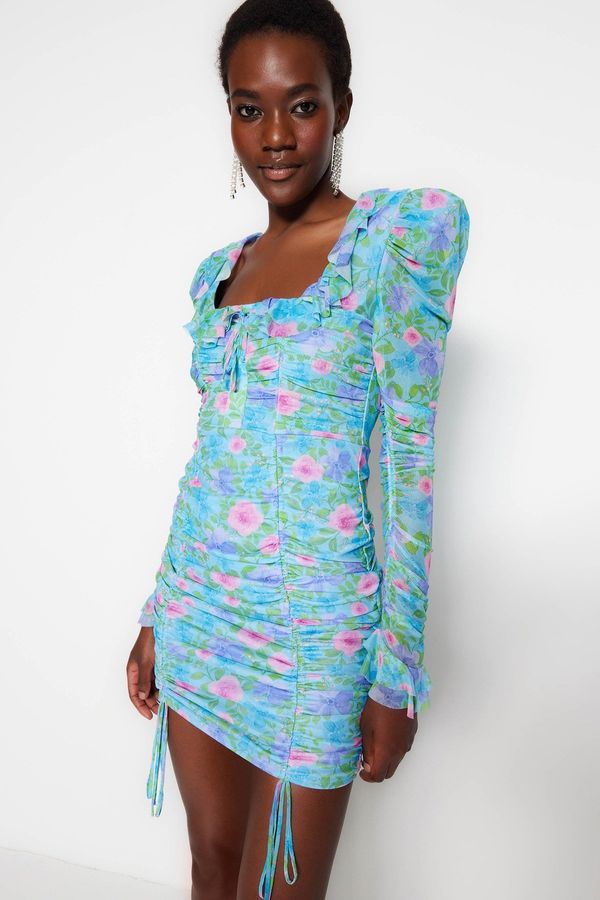 Trendyol Trendyol многоцветна флорални шарени вечерна рокля в тюл, снабдени с бельо