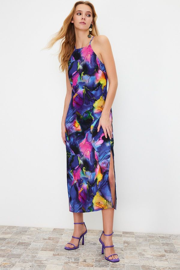 Trendyol Trendyol Multicolor Halter Neck Midi Patterned Satin Lined Woven Dress