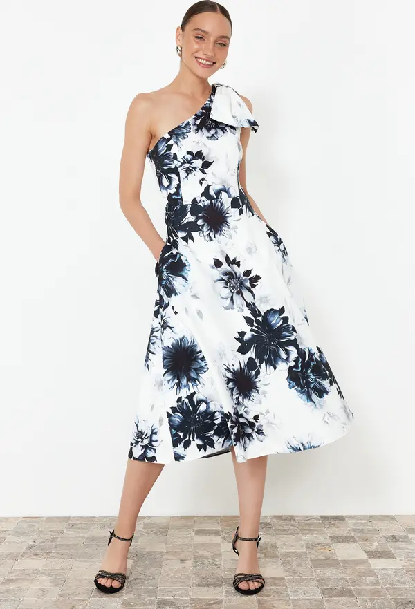 Trendyol Trendyol Multicolored A-Cut Bow Detailed Woven Elegant Evening Dress