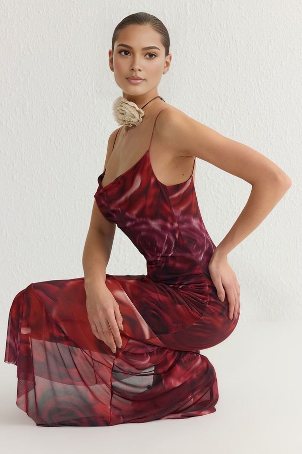 Trendyol Trendyol Multicolored A-Line Degaje Pleated Knitted Chic Dress with Floral Patterned Collar