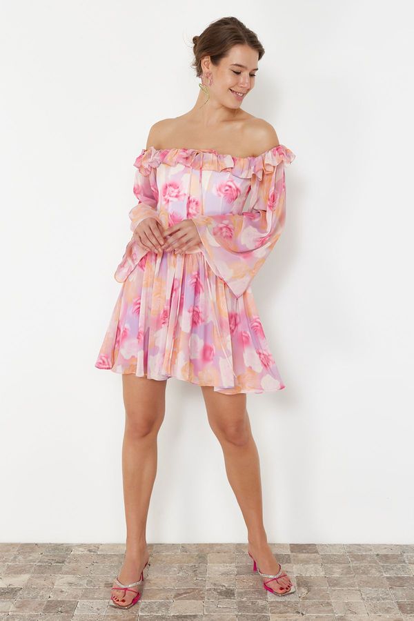 Trendyol Trendyol Multicolored A-Line Lined Flounce Woven Chiffon Short Elegant Evening Dress