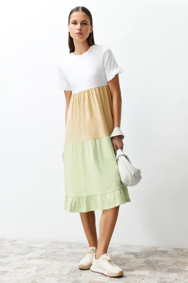 Trendyol Trendyol Multicolored Color Blocked A-Line/Bell Form Crew Neck Short Sleeve Knitted T-shirt Dress