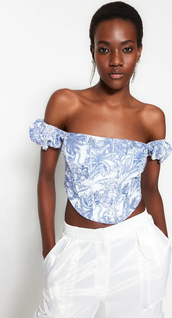 Trendyol Trendyol Multicolored Crop Lined Corset Detailed Floral Patterned Woven Poplin Bustier