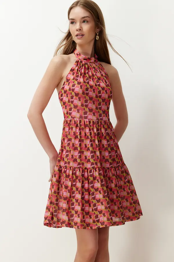 Trendyol Trendyol Multicolored Special Textured Abstract Printed Stretchy Knitted Mini Dress with Ruffles Skirt