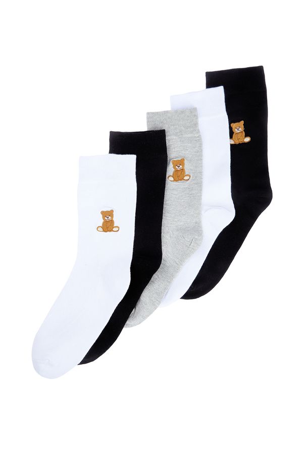 Trendyol Trendyol Multicolored Unisex 5 Pack Cotton Bear Embroidered Socket-Long Length Socks