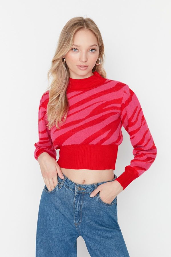 Trendyol Trendyol нар цвят брада низ животински шарени култура трикотаж пуловер