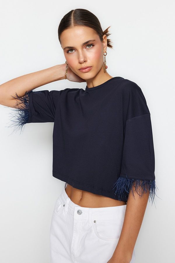 Trendyol Trendyol Navy Blue 100% Cotton Crop Detail Crop Crew Neck Knitted T-Shirt