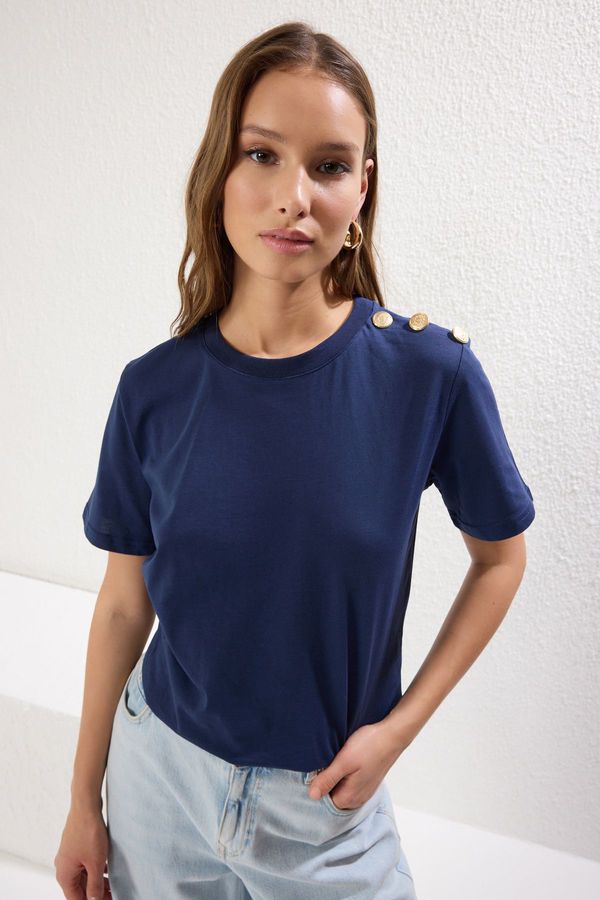 Trendyol Trendyol Navy Blue 100% Cotton Gold Button Detail Regular Cut Knitted T-Shirt
