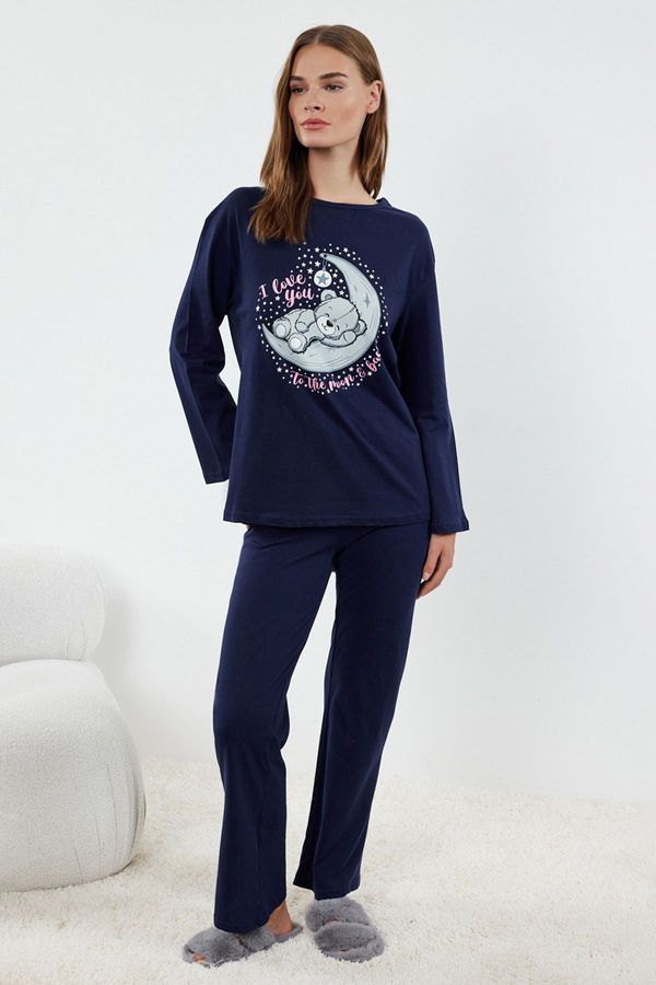 Trendyol Trendyol Navy Blue 100% Cotton Teddy Bear and Galaxy Printed Knitted Pajama Set