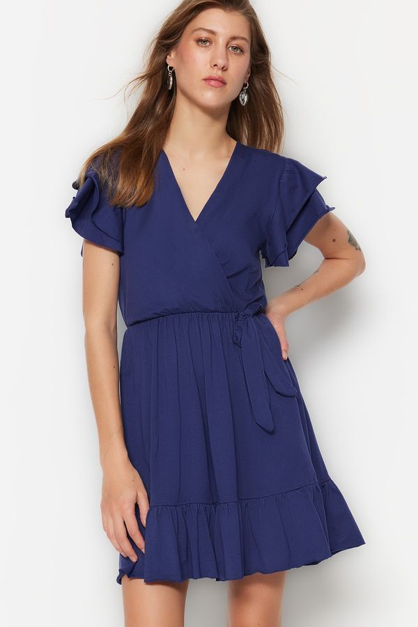 Trendyol Trendyol Navy Blue 100% памук къдрици подробни двуреден мини трикотажна рокля с яка детайл на ръкавите
