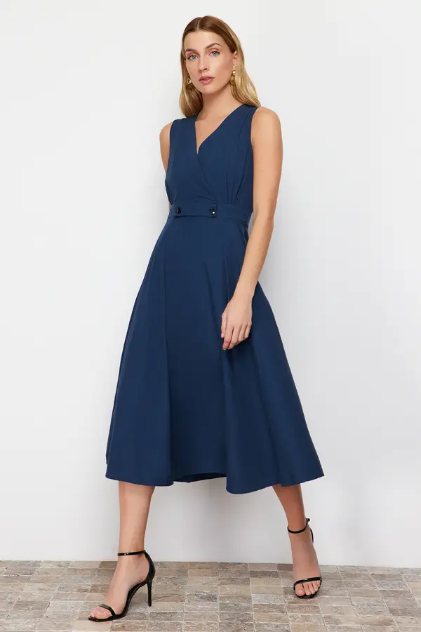 Trendyol Trendyol Navy Blue A-Line Double Breasted Collar Button Detailed Midi Woven Dress