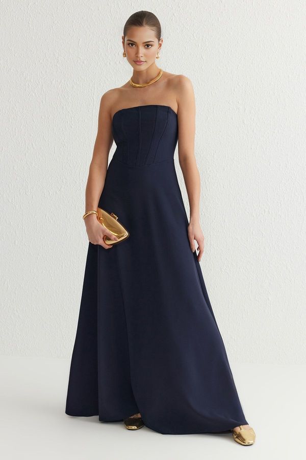 Trendyol Trendyol Navy Blue A-Line Strapless Long Elegant Evening & Graduation Dress