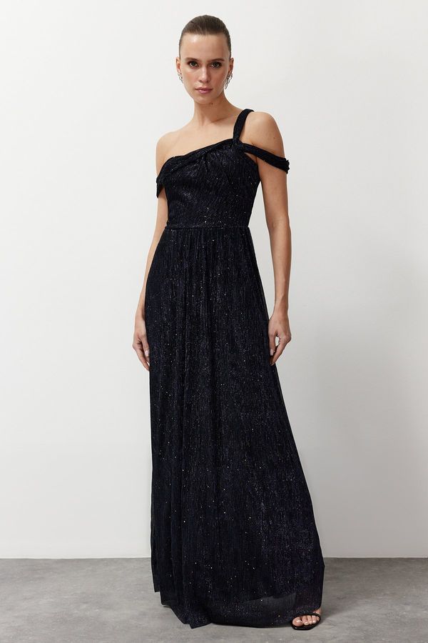 Trendyol Trendyol Navy Blue Asymmetrical Collar Knitted Long Evening Dress
