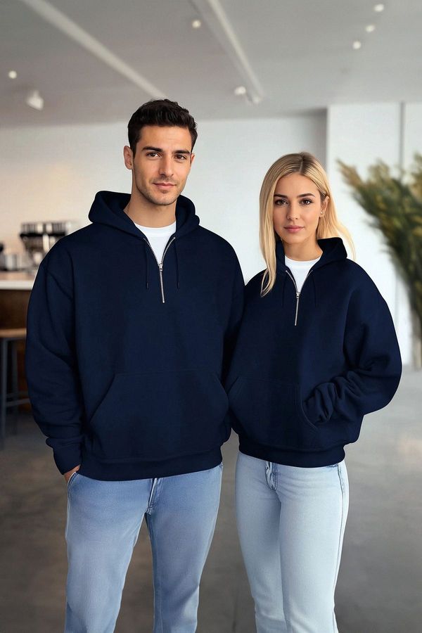 Trendyol Trendyol Navy Blue Basic Oversize/Wide Cut Zippered Hooded Basic Sweatshirt
