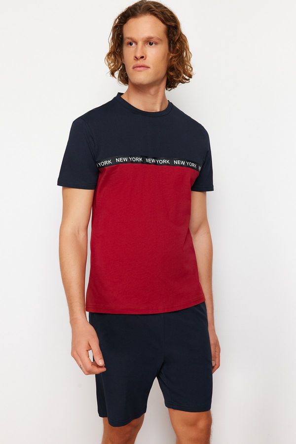 Trendyol Trendyol Navy Blue Burgundy Color Block Elastic Waist Regular Fit Knitted Shorts Pajamas Set