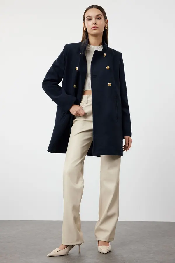 Trendyol Trendyol Navy Blue Button Detailed Regular Woolen Midi Coat