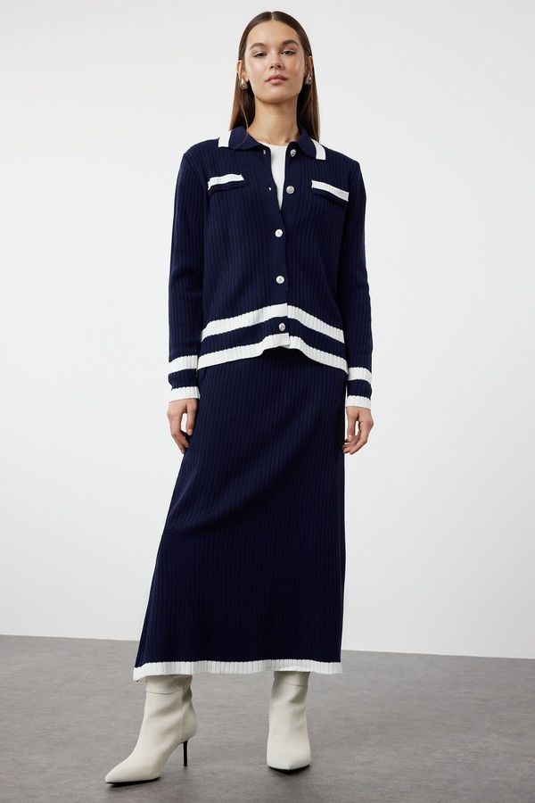 Trendyol Trendyol Navy Blue Color Blocked Knitwear Cardigan Skirt Top and Bottom Set