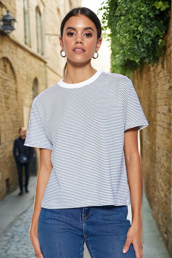 Trendyol Trendyol Navy Blue Ecru Striped Premium Basic Crew Neck Knitted T-Shirt