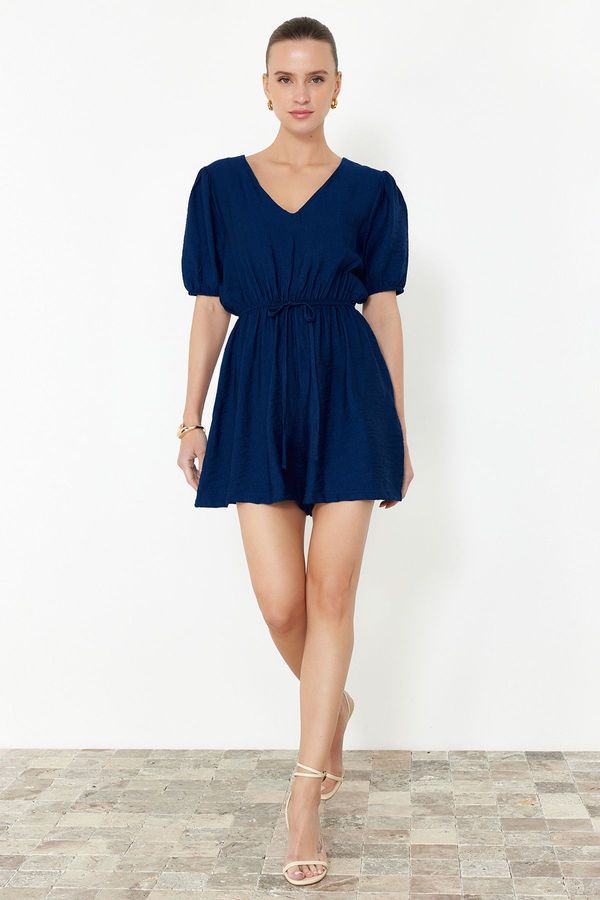 Trendyol Trendyol Navy Blue Elastic Waist V-Neck Linen Look Mini Woven Jumpsuit