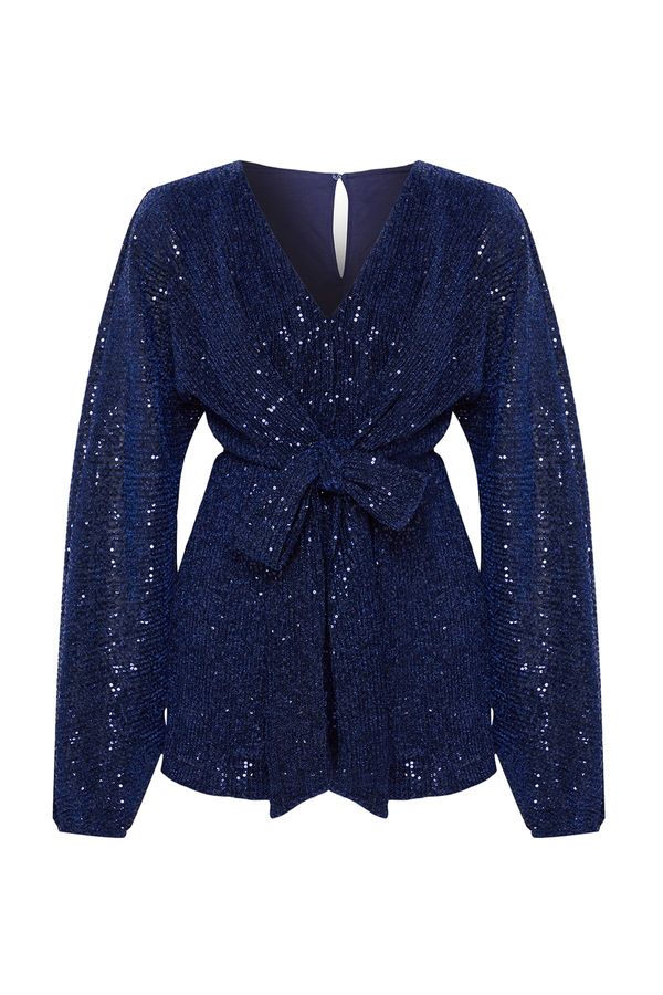 Trendyol Trendyol Navy Blue Glitter Sequin Tie Detail Short Jumpsuit