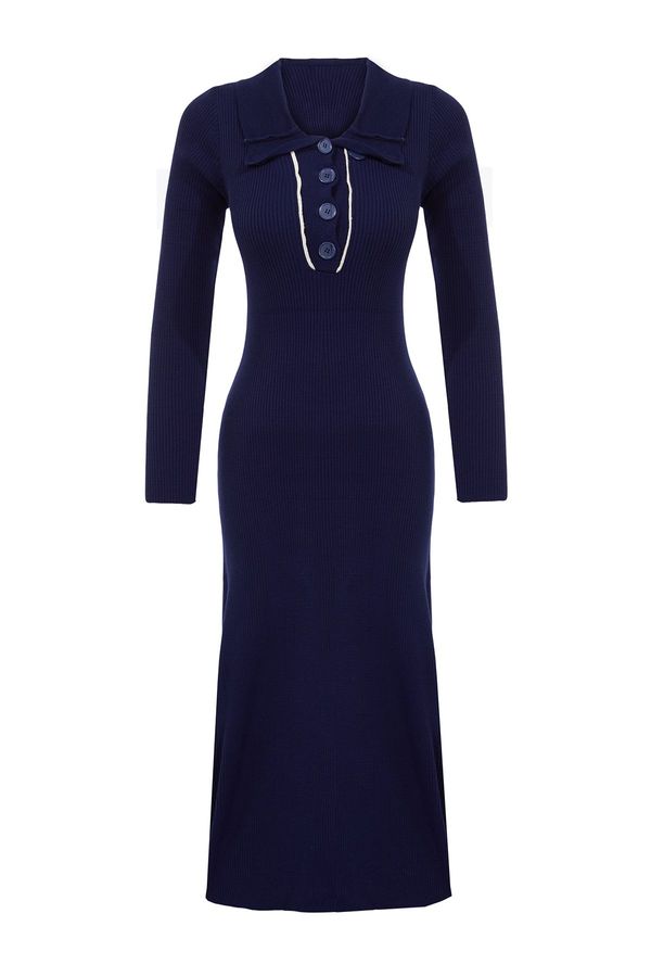 Trendyol Trendyol Navy Blue Maxi Knitwear Striped Bias Detailed Dress