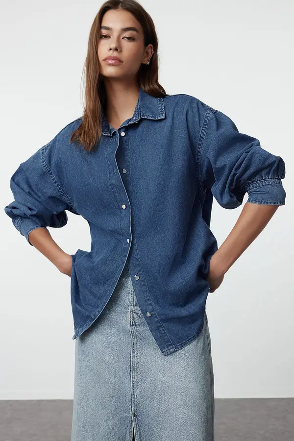 Trendyol Trendyol Navy Blue Oversize Denim Shirt