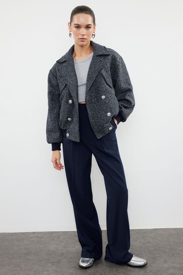 Trendyol Trendyol Navy Blue Oversize Tweed Bomber Jacket Coat