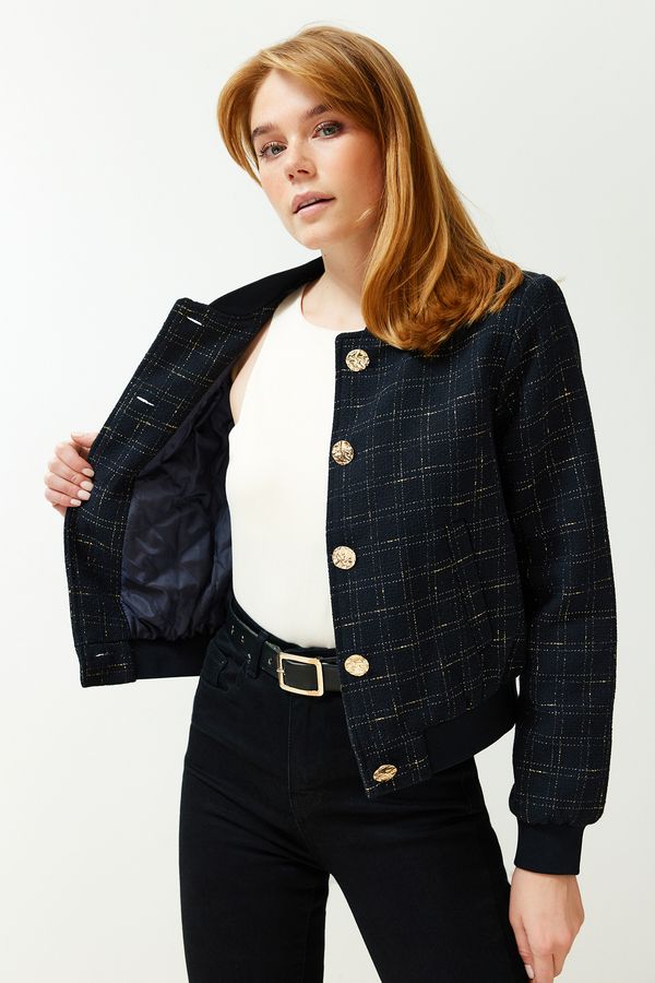 Trendyol Trendyol Navy Blue Oversize Tweed Jacket Coat