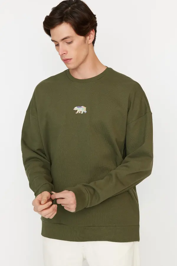 Trendyol Trendyol Navy Blue Oversize/Wide Cut Fit Animal Embroidered Fleece/Warm Sweatshirt