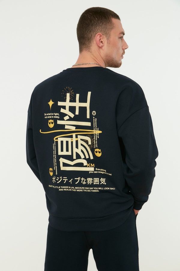 Trendyol Trendyol Navy Blue Oversize/Wide Cut Fleece Inside/Warm Printed Sweatshirt